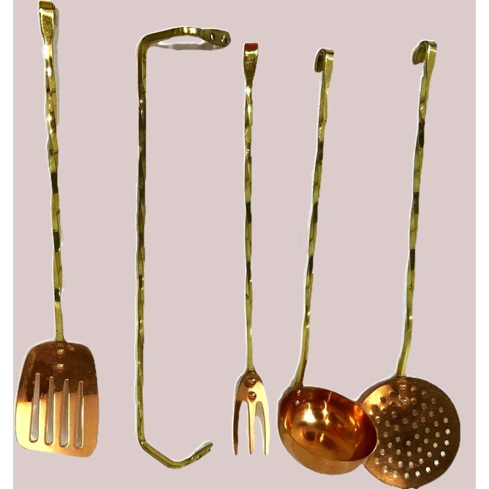 Vintage Solid Copper Korea Kitchen Utensils set brass handle Hanging bracket